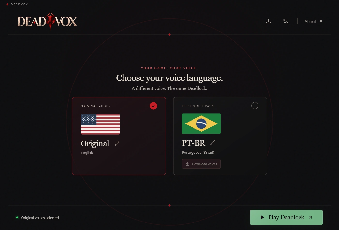Real DeadVox launcher interface with Original and PT-BR language cards, settings and the Play Deadlock button.